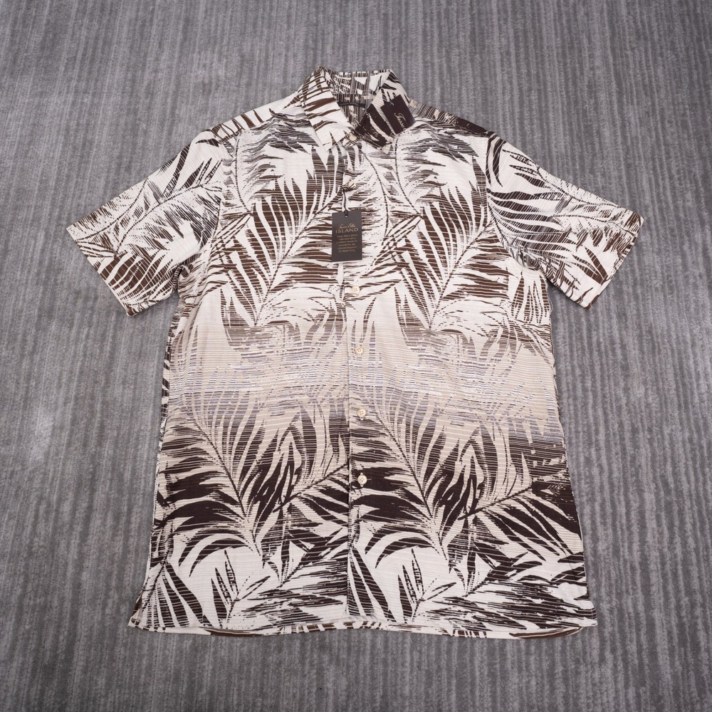 Tasso Elba Island Button Front Shirt Mens Small Khaki New Silk Blend Palm Print